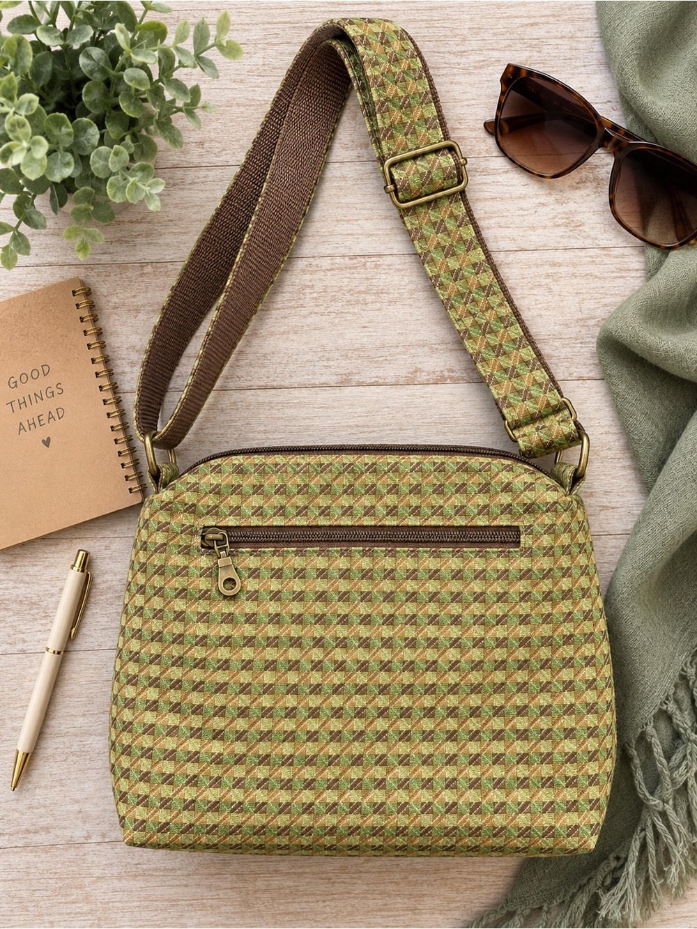 NEW Handmade Crossbody Bag Green Geometric Purse Brass Hardware Zipper Pocket